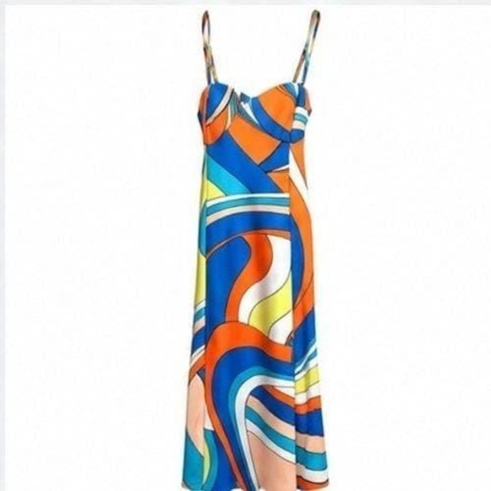 Cache Dress Sz 4 Vintage Y2K BodyCon Abstract Cross Back Midi Retro Mod Festival